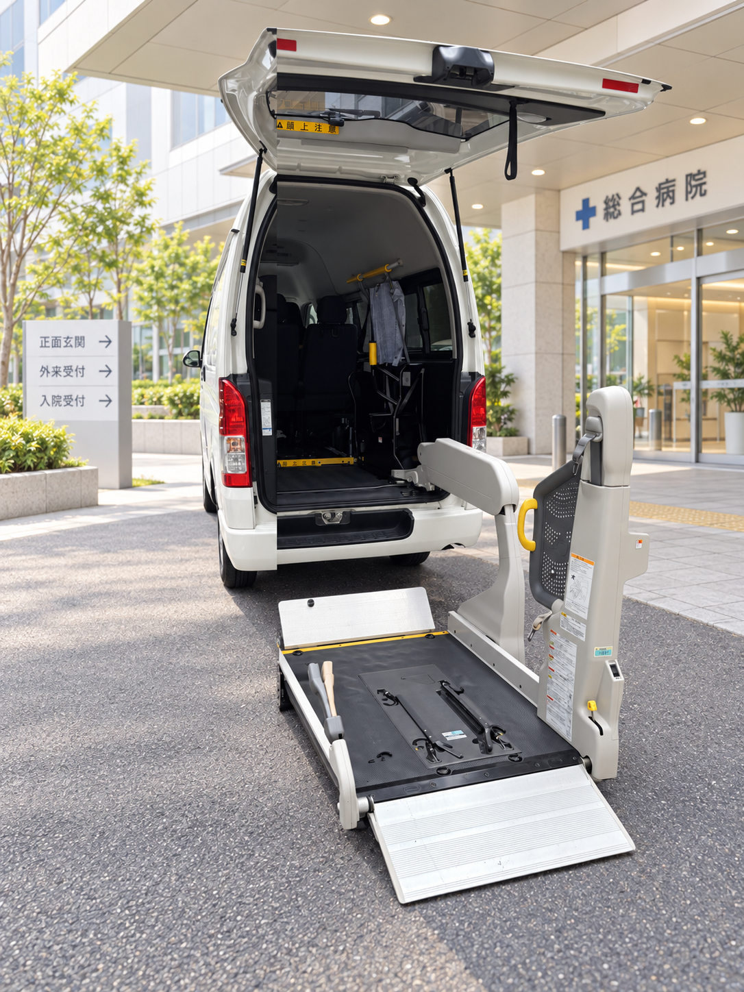 病院前で展開したハイエース福祉車両の後部車椅子リフト