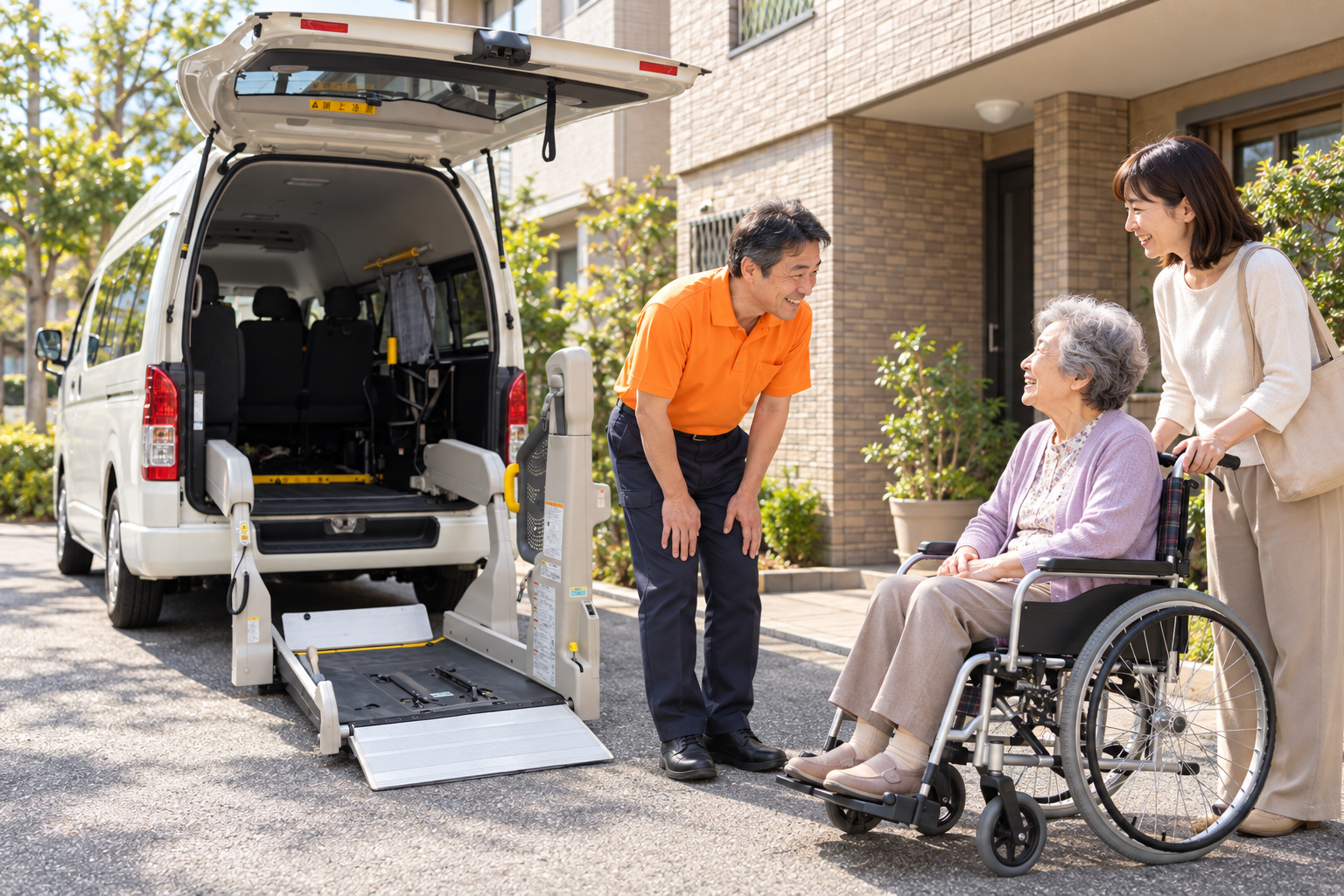 AI-generated illustration of a driver greeting a wheelchair user and her family beside an accessible vehicle.