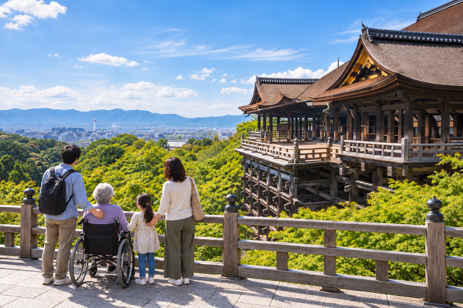 AI-generated illustration of a family with a grandmother in a wheelchair admiring Kiyomizu-dera in Kyoto.