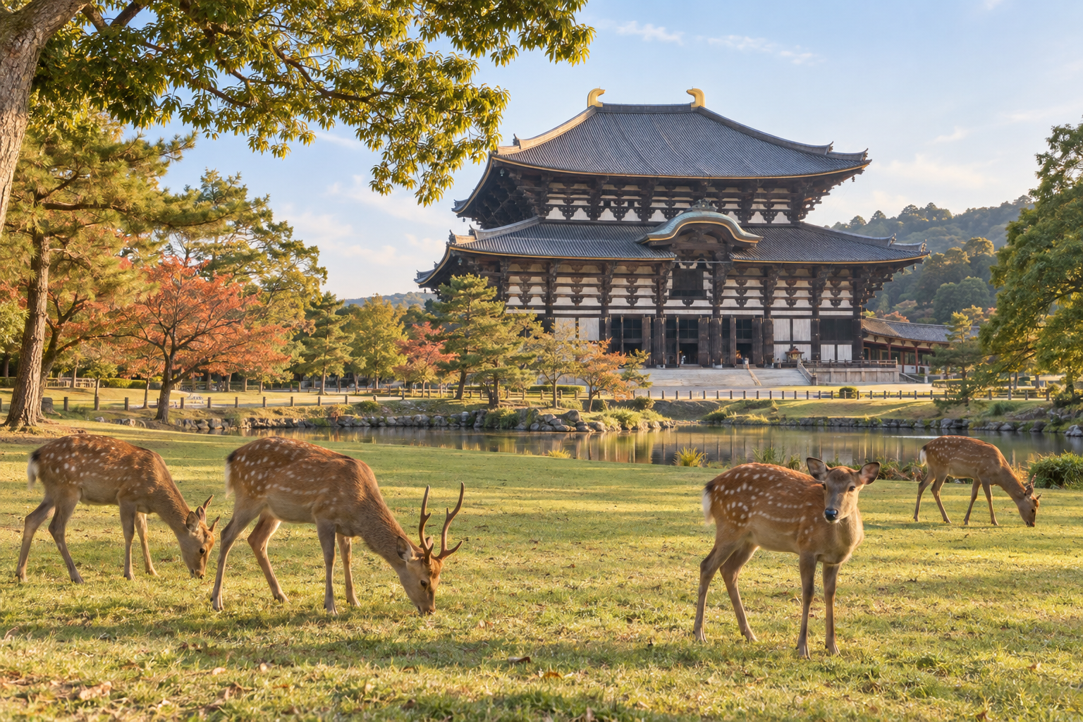 AI-generated illustration of deer and Todai-ji in Nara.