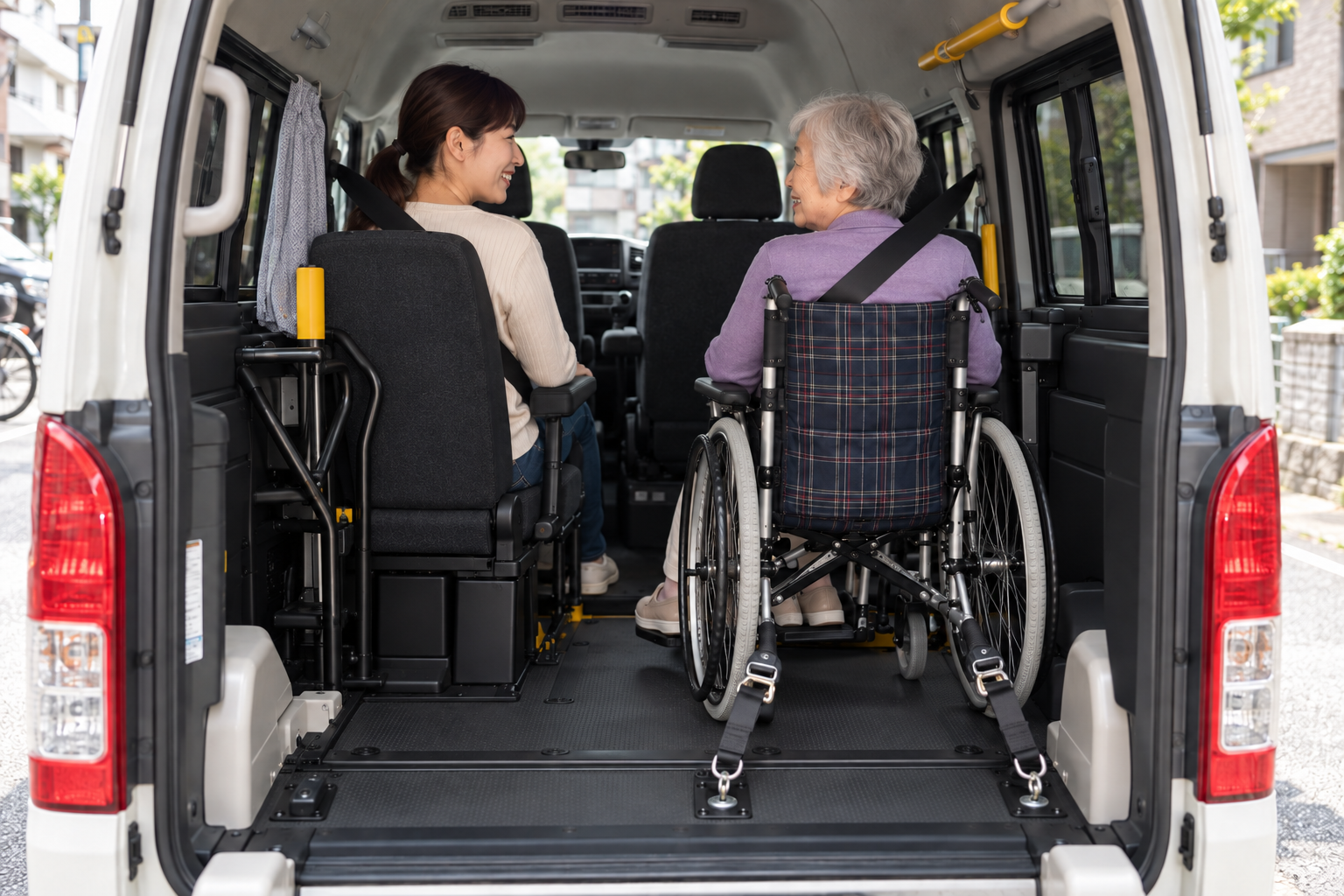 AI-generated illustration of a grandmother in a wheelchair on the right and a family member seated on the left inside a parked accessible van.