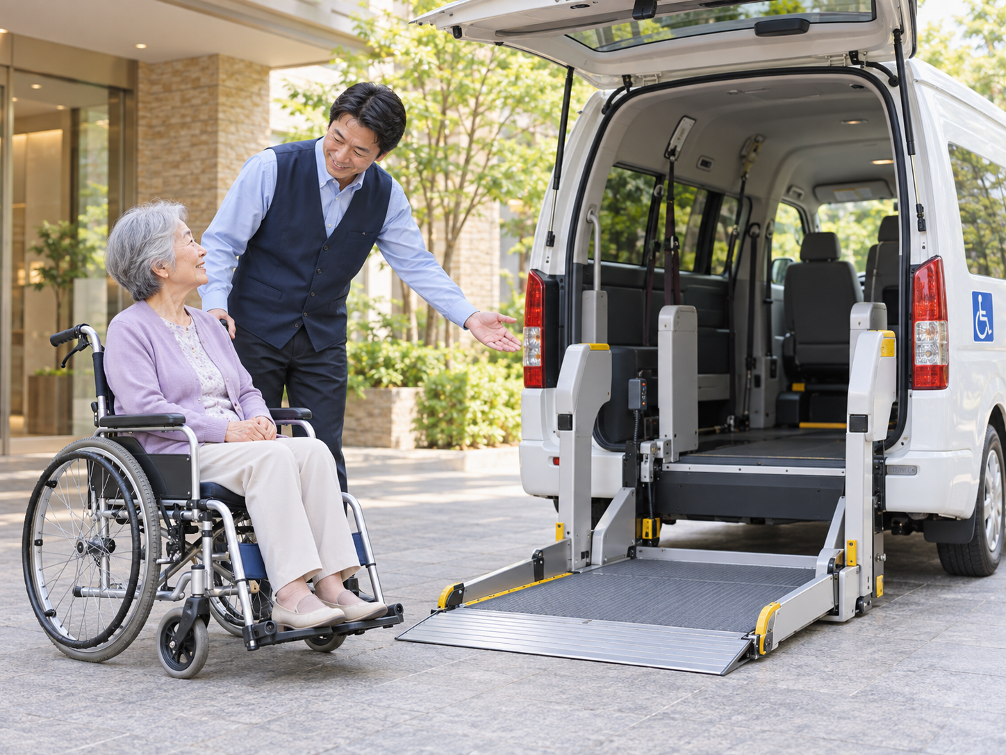 AI-generated illustration of a driver warmly guiding a wheelchair user before boarding an accessible vehicle.