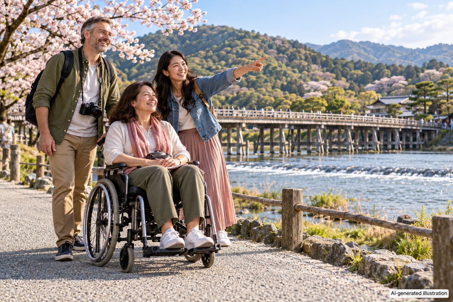 AI-generated illustration of international travelers enjoying Arashiyama with a wheelchair user.