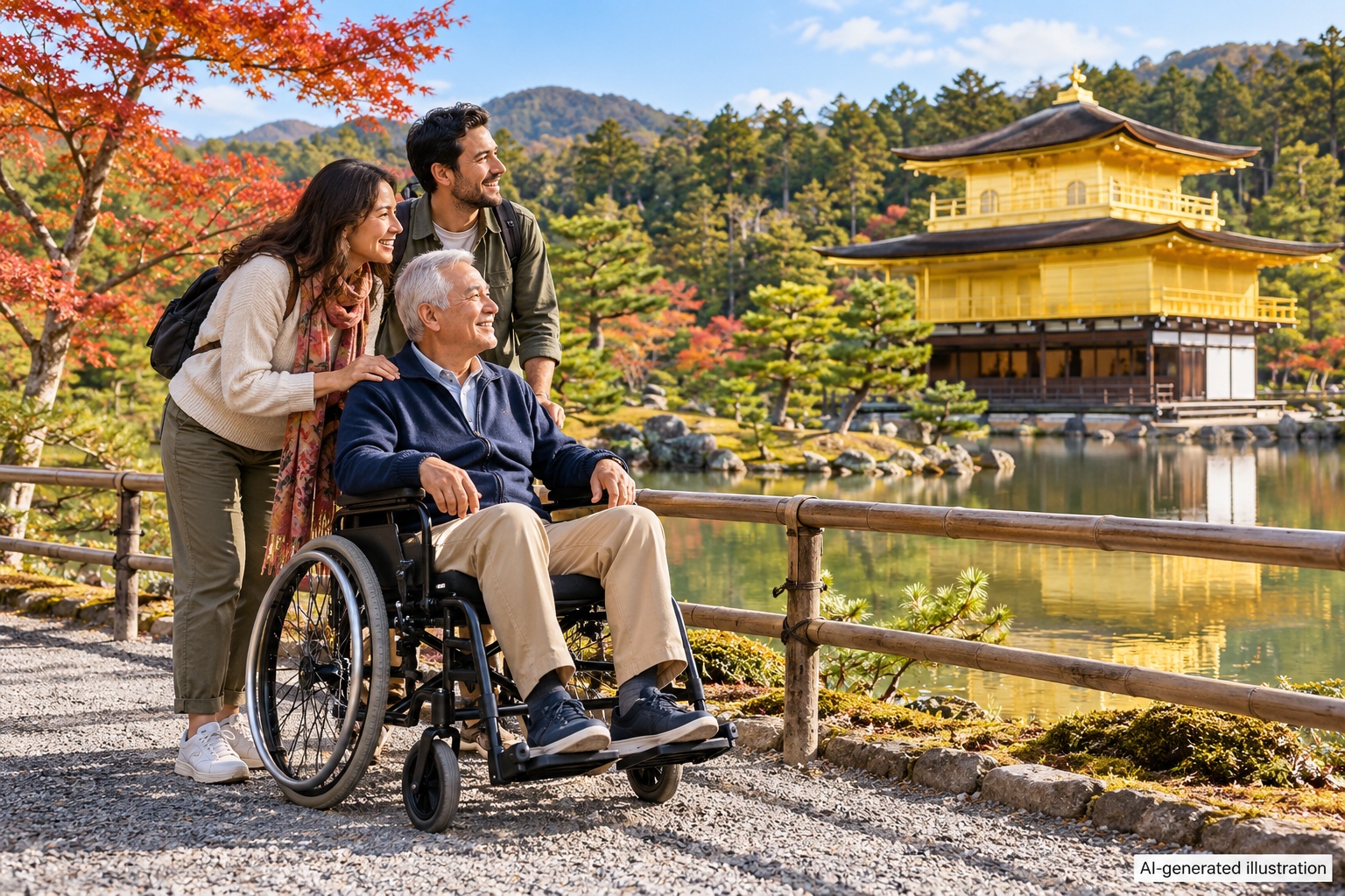 AI-generated illustration of a wheelchair traveler and companions visiting Kinkaku-ji.