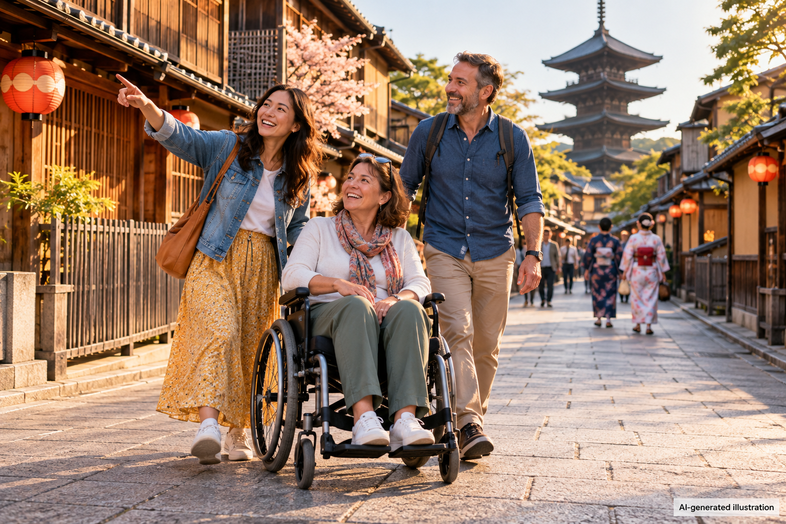 AI-generated illustration of international travelers exploring a traditional Kyoto street with a wheelchair user.