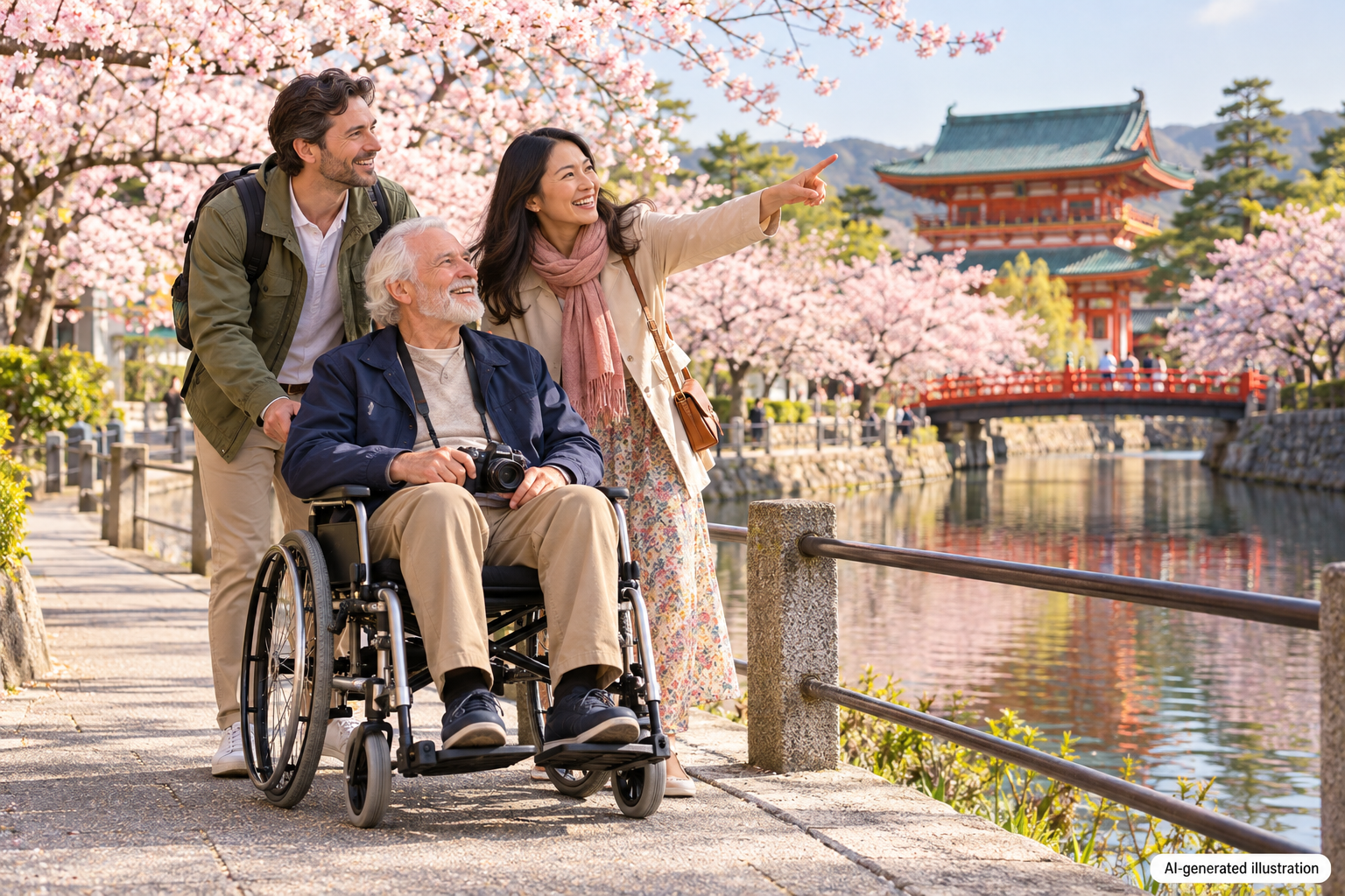 AI-generated illustration of a wheelchair traveler and companions enjoying spring scenery in Kyoto.