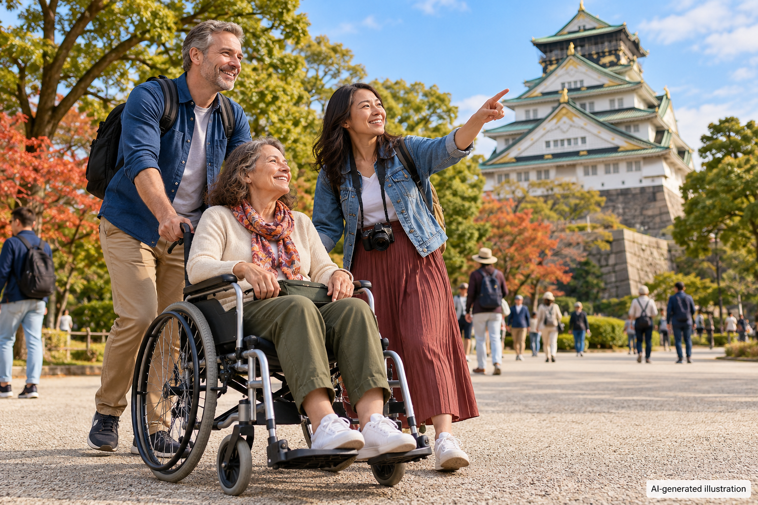 AI-generated illustration of international travelers enjoying Osaka Castle with a wheelchair user.