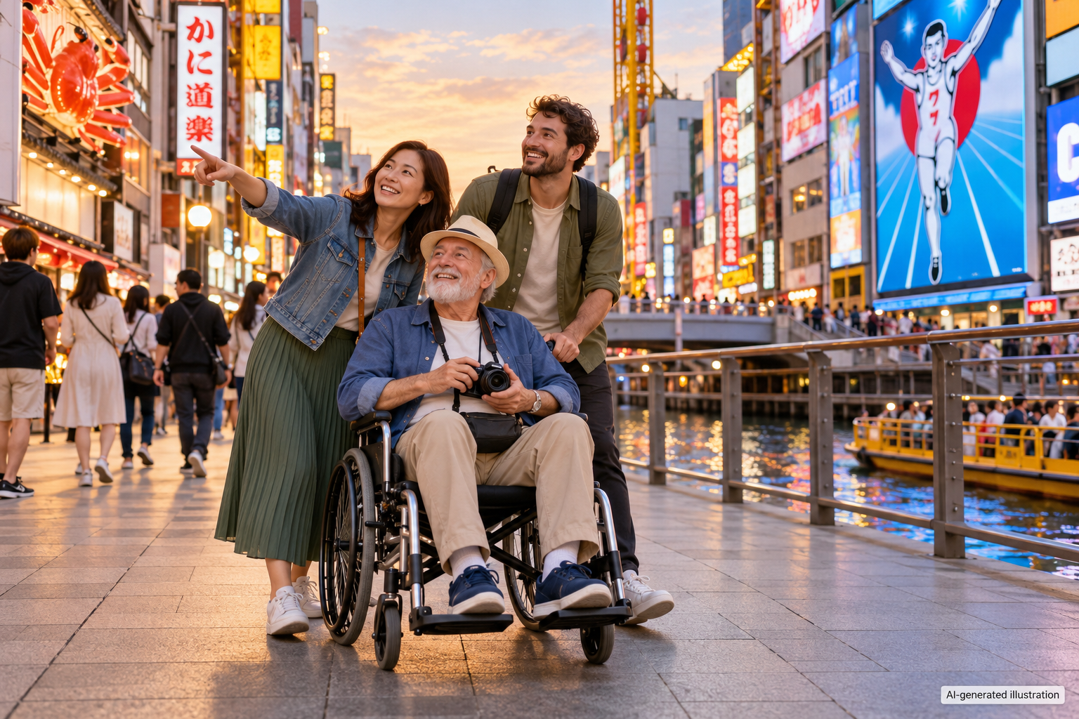 AI-generated illustration of a wheelchair traveler and companions sightseeing in Dotonbori.