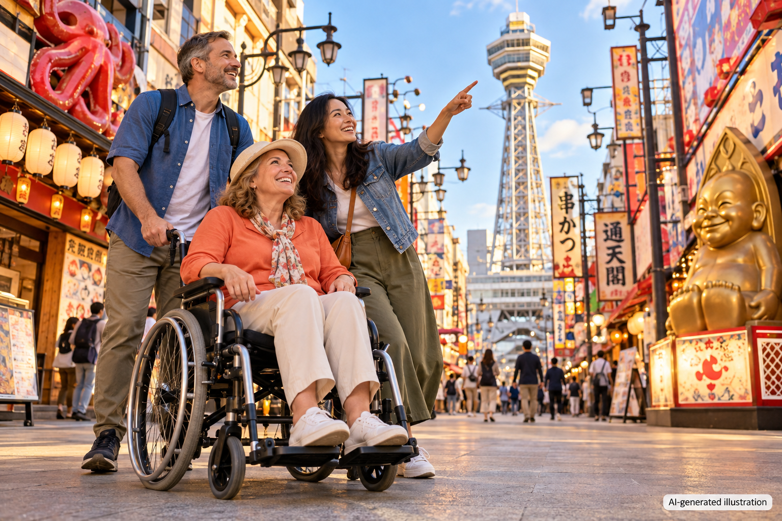 AI-generated illustration of international travelers enjoying Shinsekai with a wheelchair user.