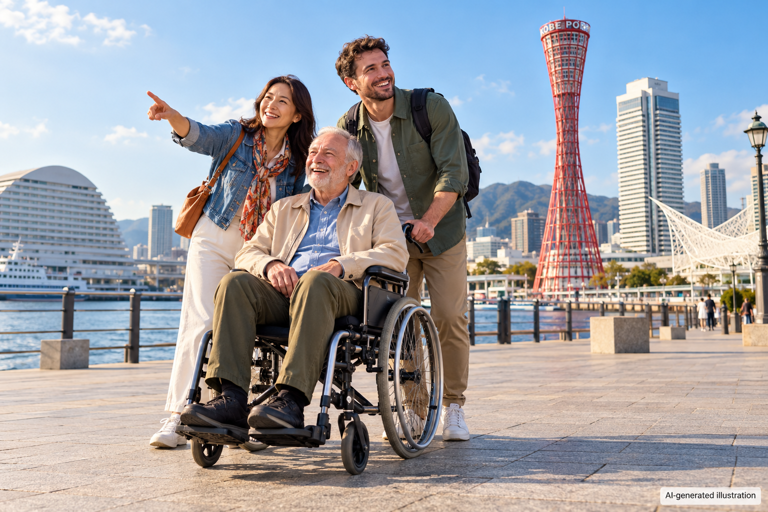 AI-generated illustration of a wheelchair traveler and companions enjoying Kobe's waterfront.