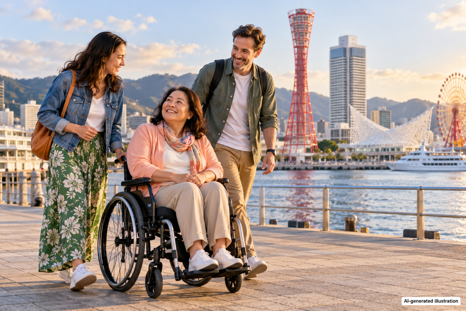 AI-generated illustration of international travelers visiting Kobe Harborland with a wheelchair user.