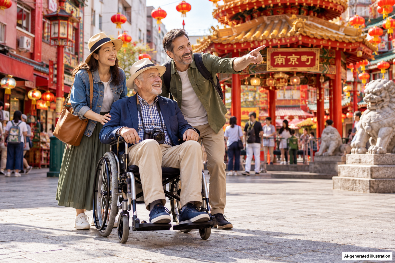AI-generated illustration of a wheelchair traveler and companions exploring Kobe's Nankinmachi.